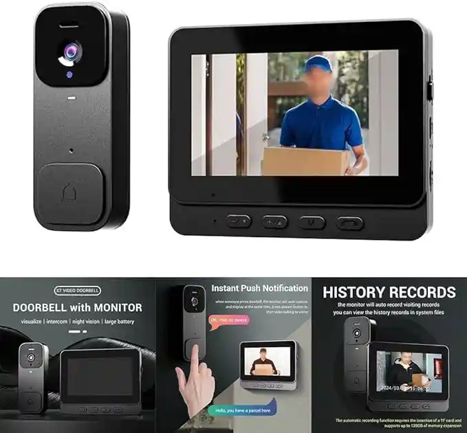 زنگ درب تصویری هوشمند بی‌سیم با مانیتور ۴.۳ اینچی مدل X7 – بدون نیاز به WiFi